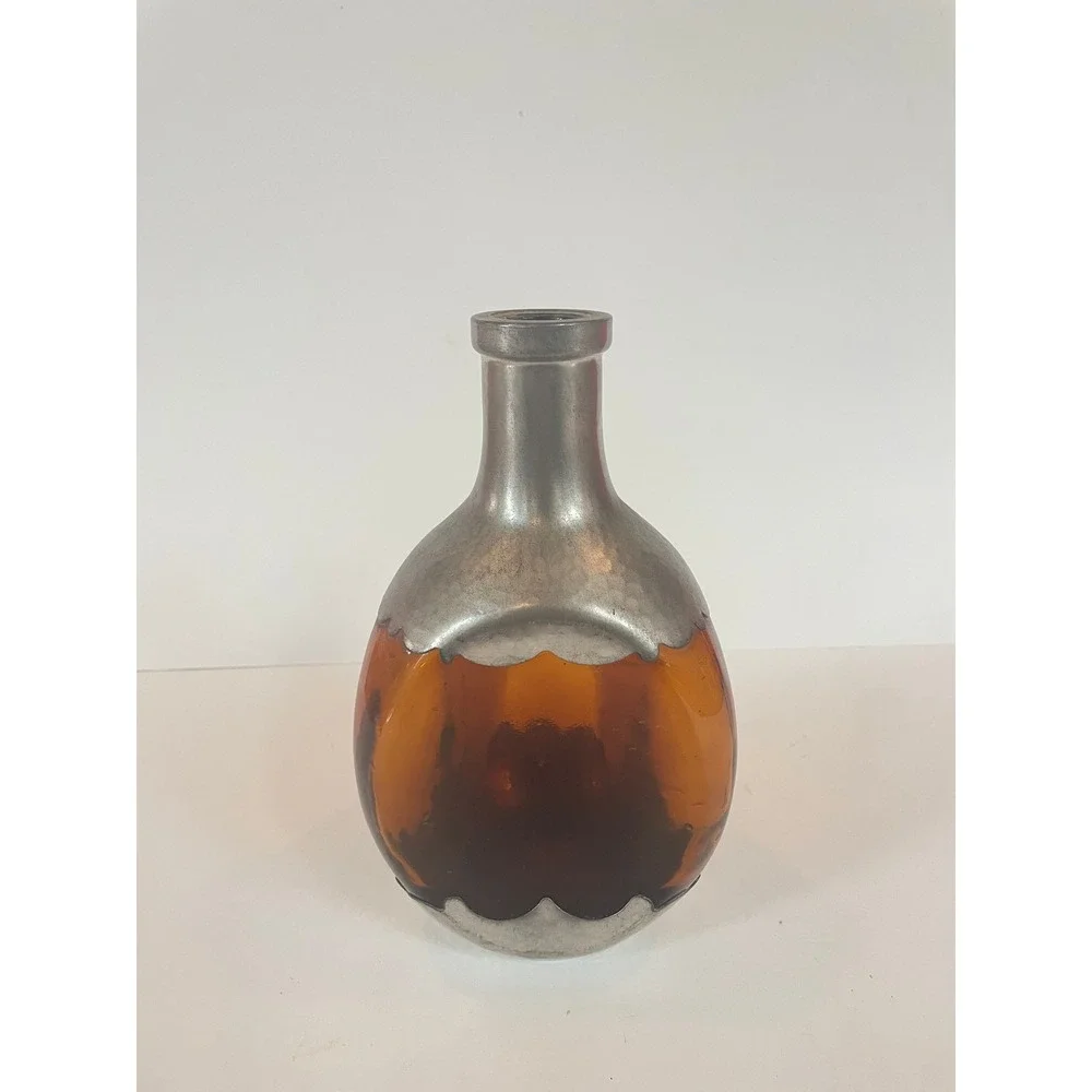 Vintage Amber Glass‎ Decanter Hammered Metal Overlay Scalloped Bottle Brutalist